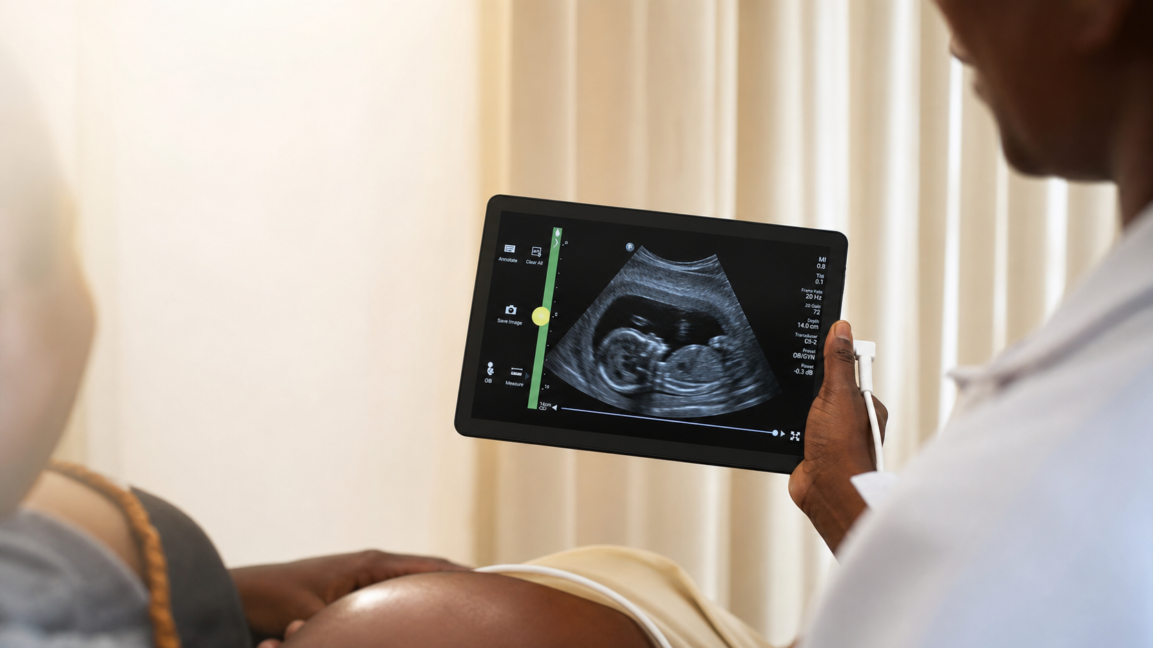 Portable tablet ultrasound display showing an obstetric scan in a clinic
